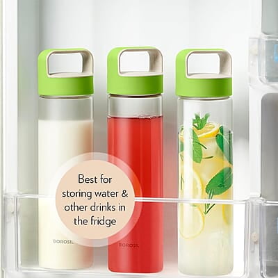 Borosil - Neo Glass Water Bottle|Fridge Bottle|Sports Bottle|Yoga Bottle|Outdoor|Picnic|Portable|Easy to Carry|Leak Proof|Resusable With Blue Handle, Transparent, Clear, See Through Bottle, 550 ML