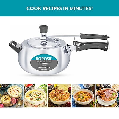 Borosil Pronto Induction Base Inner Lid Aluminium Pressure Cooker, 3.6 mm Thick Base, 6.5 L, Silver Borosil Pronto Induction Base Inner Lid Aluminium Pressure Cooker, 3.6 mm Thick Base, 6.5 L, Silver