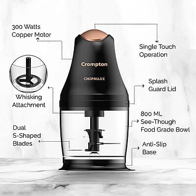 Crompton ChopMaxx Electric Vegetable Chopper 300 Watts Motors Twin S-Shaped Ninja food grade blades Crompton ChopMaxx Electric Vegetable Chopper 300 Watts Motors Twin S-Shaped Ninja food grade blades