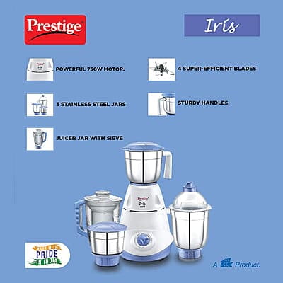 Prestige Iris 750 Watt Mixer Grinder with 3 Stainless Steel Jar + 1 Juicer Jar Prestige Iris 750 Watt Mixer Grinder with 3 Stainless Steel Jar + 1 Juicer Jar