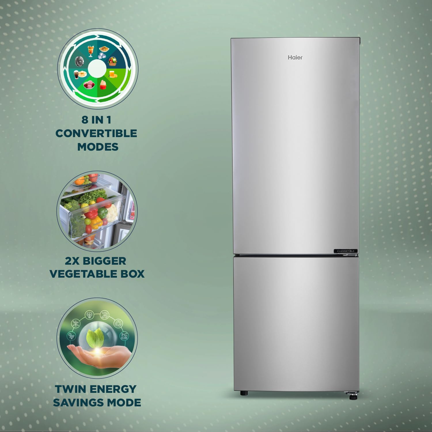 Haier 237 L, 2 Star, 8 In 1 Convertible, Frost Free Double Door Bottom Mount Refrigerator