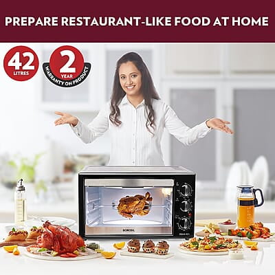 Borosil Prima 42 L Oven Toaster & Grill, Motorised Rotisserie & Convection Heating, 6 Heating Modes, Silver Top & Chrome Front Borosil Prima 42 L Oven Toaster & Grill, Motorised Rotisserie & Convection Heating, 6 Heating Modes, Silver Top & Chrome Front