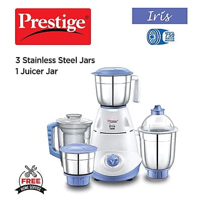 Prestige Iris 750 Watt Mixer Grinder with 3 Stainless Steel Jar + 1 Juicer Jar Prestige Iris 750 Watt Mixer Grinder with 3 Stainless Steel Jar + 1 Juicer Jar