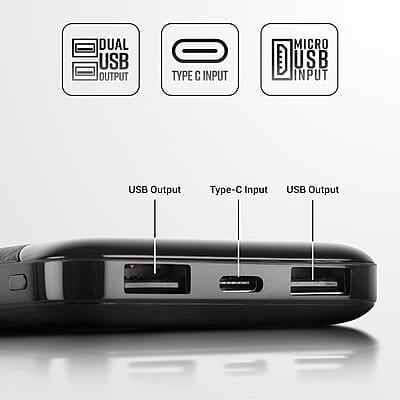 ZEBRONICS MB10000S4 Power Bank, 10000 mAh, 12W, Dual USB Output, Type C & Micro USB Input, Built in Protections, Percentage LED Display, Included USB to Type C Cable ZEBRONICS MB10000S4 Power Bank, 10000 mAh, 12W, Dual USB Output, Type C & Micro USB Input, Built in Protections, Percentage LED Display, Included USB to Type C Cable