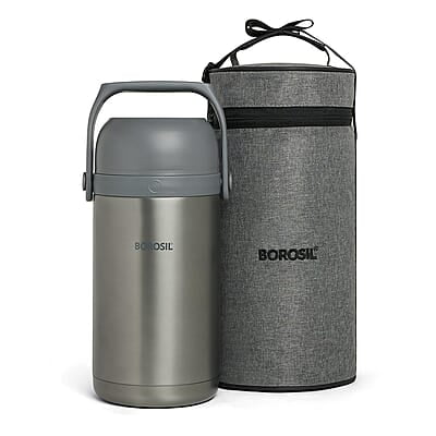Borosil Hot-N-Fresh Prime Stainless Steel Insulated Lunch Box, Keeps food warm upto 8 Hours, Set of 4 (2 pcs 420 ml + 2 Pcs 350 ml), Grey