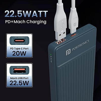 Portronics Luxcell B 10K 10000 mAh 22.5W Fast Charging Power Bank, Ultra Slim Power Bank with Mach USB-A Output, Type C PD Output Portronics Luxcell B 10K 10000 mAh 22.5W Fast Charging Power Bank, Ultra Slim Power Bank with Mach USB-A Output, Type C PD Output