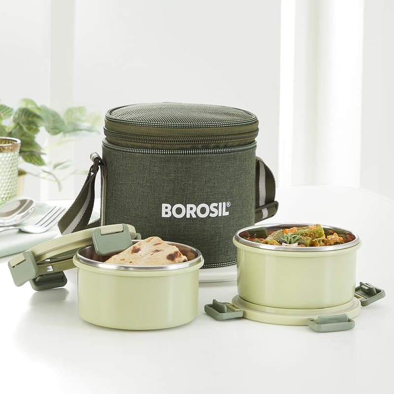 Borosil Glory Green Stainless Steel Lunchbox with Bag | 3 pcs Container Set (280 ml Each) | Microwavable Tiffin Borosil Glory Green Stainless Steel Lunchbox with Bag | 3 pcs Container Set (280 ml Each) | Microwavable Tiffin