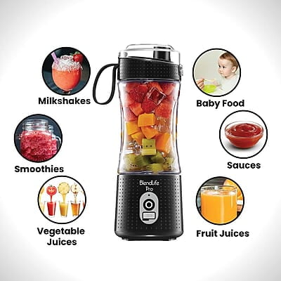 BlendLife Pro Portable Blender With Sipper For Juices, Shakes, Smoothies, Baby Food, Crushes Hard Ingredients, 210 Watts Motor, 4000Mah Usb Rechargeable Battery, 400Ml, 1-Year Warranty - Black