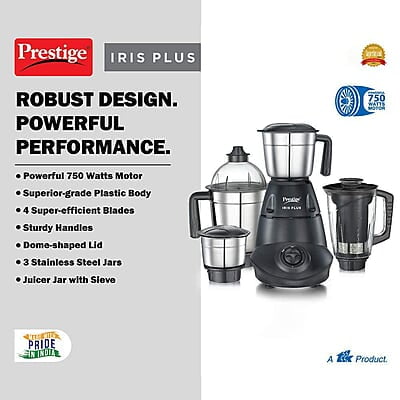 Prestige Iris Plus 750 W Mixer Grinder With 4 Jars (3 Stainless Steel Jars+ 1 Juicer Jar) 4 Super Efficient Stainless Blades