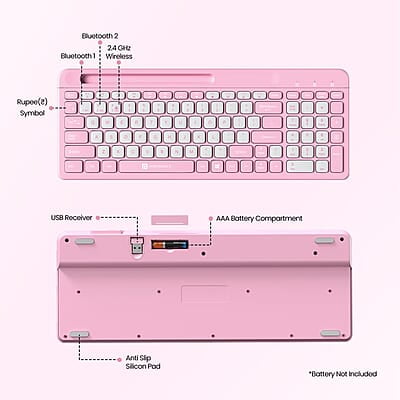 Portronics Bubble Square Wireless Keyboard with Bluetooth + 2.4 GHz USB Receiver Pair 3 Devices Max, Multimedia Hotkeys, for Laptop, PC, Smartphone, Tablet