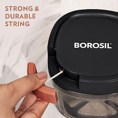Borosil Chopper with 3 Blades, Pull Chopper with Durable String, Mini Chopper for Kitchen, For Chopping Vegetables, Leafy Greens & Herbs, BPA-free, Unbreakable 600 ml Chopping Bowl