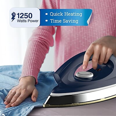 Crompton Greaves Rhino Plus 1250 Watt Blue Heavy weight Dry Iron with Golden American Heritage Coating Crompton Greaves Rhino Plus 1250 Watt Blue Heavy weight Dry Iron with Golden American Heritage Coating