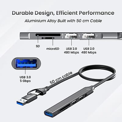 Portronics Mport 31 Plus USB 3.0 Hub (5-in-1) with USB & Type-C Dual Plugs, Upto 5 Gbps High Speed, USB 3.0, 2-Port USB 2.0 & SD/microSD Card Reader for Laptop, PC, Mac, Smartphone, Tablet Portronics Mport 31 Plus USB 3.0 Hub (5-in-1) with USB & Type-C Dual Plugs, Upto 5 Gbps High Speed, USB 3.0, 2-Port USB 2.0 & SD/microSD Card Reader for Laptop, PC, Mac, Smartphone, Tablet