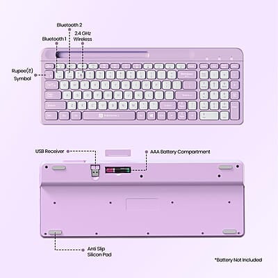 Portronics Bubble Square Wireless Keyboard with Bluetooth + 2.4 GHz USB Receiver Pair 3 Devices Max, Multimedia Hotkeys, for Laptop, PC, Smartphone, Tablet