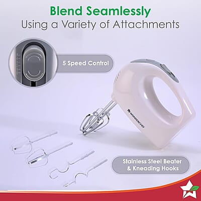 Wonderchef Ultima Plus Hand Mixer, 200W, 5 Speed Setting, Stainless Steel Beater and Kneading Hooks