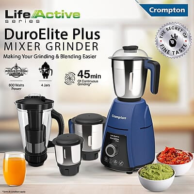 Crompton DuroElite Plus 800 W Mixer Grinder with 4 Jars (3 Stainless Steel Jars+ 1.5L Juicer Jar with Fruit Filter) Crompton DuroElite Plus 800 W Mixer Grinder with 4 Jars (3 Stainless Steel Jars+ 1.5L Juicer Jar with Fruit Filter)