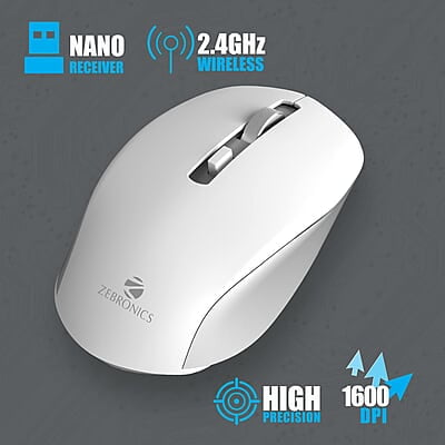 ZEBRONICS Zeb-Jaguar Wireless Mouse, 2.4GHz with USB Nano Receiver, High Precision Optical Tracking, 4 Buttons, Plug & Play, Ambidextrous, for PC/Mac/Laptop