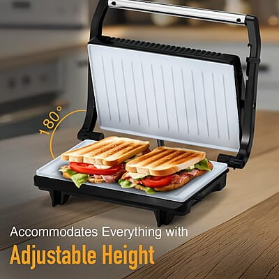 KENT 16025 Sandwich Grill 700W | Non-Toxic Ceramic Coating | Automatic Temperature Cut-off with LED Indicator | Adjustable Height Control, Metallic Silver, Standard