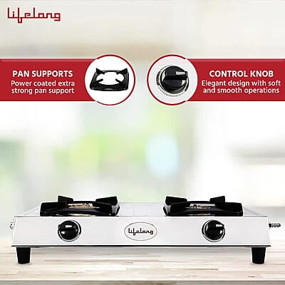 Lifelong 2 Burner Gas Stove Top for Kitchen - Manual Ignition Cooktop with Stainless Steel for Kitchen, ISI Certified Lifelong 2 Burner Gas Stove Top for Kitchen - Manual Ignition Cooktop with Stainless Steel for Kitchen, ISI Certified