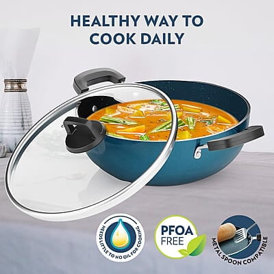 Borosil ProChef Non-Stick Aluminum Kadhai with Lid 26 cm | Gas Stove Compatible, Thick Uniform Body for Even Heating, Dishwasher Safe | 5 Layer Nonstick Coating, PFOA Free | 1 Year Warranty | Blue Borosil ProChef Non-Stick Aluminum Kadhai with Lid 26 cm | Gas Stove Compatible, Thick Uniform Body for Even Heating, Dishwasher Safe | 5 Layer Nonstick Coating, PFOA Free | 1 Year Warranty | Blue