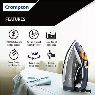 Crompton FabriAutoTech 2200 Watt Steam Iron Feather Touch Digital LED Fabric Temperature Control 3 Ways Auto Shut-off Scratch Resistant Ceramic Coating 400 Ml water Tank Crompton FabriAutoTech 2200 Watt Steam Iron Feather Touch Digital LED Fabric Temperature Control 3 Ways Auto Shut-off Scratch Resistant Ceramic Coating 400 Ml water Tank