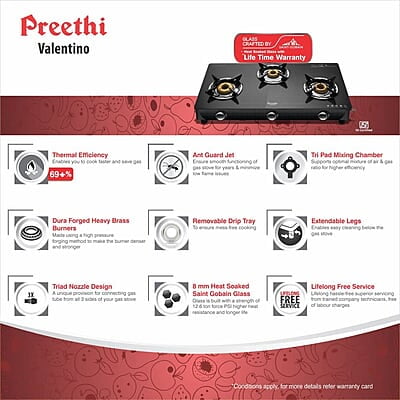 Preethi Valentino Glass top 3 Burner Gas Stove, Manual Ignition, Black ISI Approved Preethi Valentino Glass top 3 Burner Gas Stove, Manual Ignition, Black ISI Approved