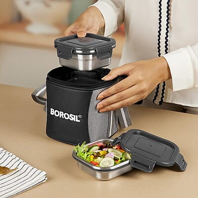 Borosil Feast Stainless Steel Lunch Box with Bag | Set of 3 (400 ml x 2 + 250 ml x 1), Square