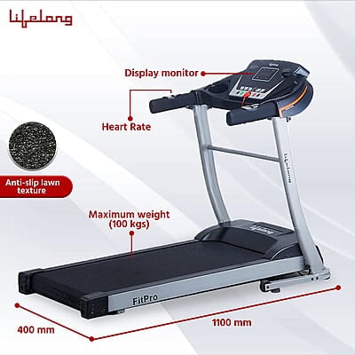 Lifelong FitPro (2.5 HP Peak) Manual Incline Motorized Treadmill for Home with 12 preset Workouts, Max Speed 12km/hr. Bluetooth Speaker Lifelong FitPro (2.5 HP Peak) Manual Incline Motorized Treadmill for Home with 12 preset Workouts, Max Speed 12km/hr. Bluetooth Speaker