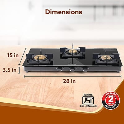 AGARO Regency 3 Burners Gas Stove, Toughened Glass Top, Brass Burners, 1 Small, 1 Medium & 1 Big Size Burner AGARO Regency 3 Burners Gas Stove, Toughened Glass Top, Brass Burners, 1 Small, 1 Medium & 1 Big Size Burner