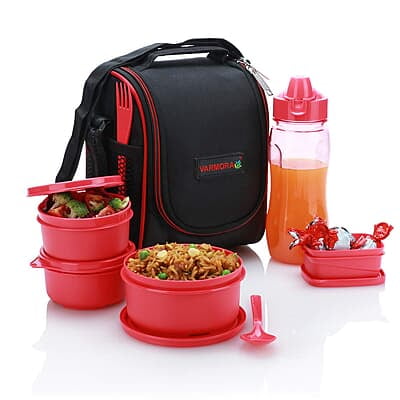 Varmora Plastic Xclusive Lunch Box Tiffin 1Nos-100ml, 2Nos-230ml, 1Nos-500ml Container, 500ml Bottle