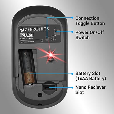ZEBRONICS Pulse Wireless Mouse, Multi Connectivity, Dual Bluetooth, for Mac, Laptop, Computer, Tablet, 2.4GHz, 1200 DPI, Comfortable & Lightweight ZEBRONICS Pulse Wireless Mouse, Multi Connectivity, Dual Bluetooth, for Mac, Laptop, Computer, Tablet, 2.4GHz, 1200 DPI, Comfortable & Lightweight