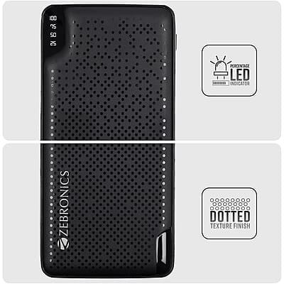 ZEBRONICS ME53 Power Bank, 10000 mAh, 10W, Dual USB Output, Type C & Micro USB Input, Built in Protections, Percentage LED Display, Included USB to Type C Cable ZEBRONICS ME53 Power Bank, 10000 mAh, 10W, Dual USB Output, Type C & Micro USB Input, Built in Protections, Percentage LED Display, Included USB to Type C Cable