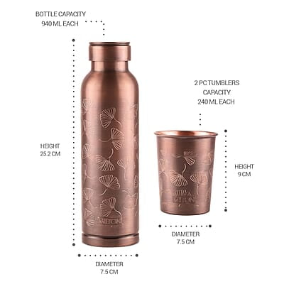 MILTON Copper Elegante Gift Set (1- Bottle, 940 ml and 2-Tumbler, 290 ml Each), Copper Petals