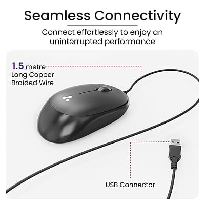 Ambrane Wired USB Mouse, Plug & Play, High Resolution 1600 DPI Optical Sensor, 3-Button Design, Clickable Scroll Wheel, Ambidextrous, Ergonomic Mouse for Comfortable All-Day Grip Ambrane Wired USB Mouse, Plug & Play, High Resolution 1600 DPI Optical Sensor, 3-Button Design, Clickable Scroll Wheel, Ambidextrous, Ergonomic Mouse for Comfortable All-Day Grip