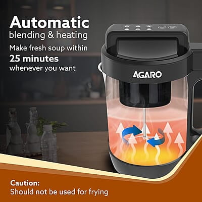 AGARO Elite Soup Maker, 1 Litre, Automatic Blending & Heating,6 Preset Cooking Functions, Copper Motor, Stainless Steel Blades, Grey AGARO Elite Soup Maker, 1 Litre, Automatic Blending & Heating,6 Preset Cooking Functions, Copper Motor, Stainless Steel Blades, Grey
