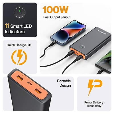 Ambrane 100W Fast Charging Powerbank for MacBook, Type C Laptop & Mobile Charging, 25,000mAh Battery, Triple Output