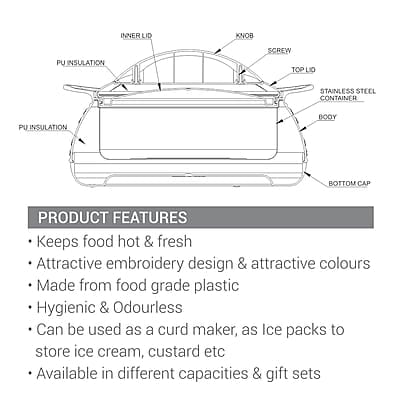 Milton Adore Jr. Insulated Inner Stainless Steel Casserole, Set of 3, (410 ml, 740 ml, 1.25 Litres) Milton Adore Jr. Insulated Inner Stainless Steel Casserole, Set of 3, (410 ml, 740 ml, 1.25 Litres)