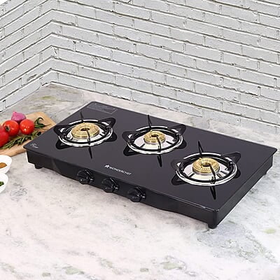 Wonderchef Glory 3 Burner Glass Cooktop, Black 8mm Toughened Glass Ergonomic Knobs, Stainless Steel Drip Tray, Manual Ignition Gas Stove Wonderchef Glory 3 Burner Glass Cooktop, Black 8mm Toughened Glass Ergonomic Knobs, Stainless Steel Drip Tray, Manual Ignition Gas Stove