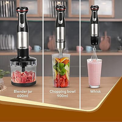 AGARO Grand 1000 Watts Hand Blender With Chopper, Jar & Whisker, 2 Variable Speed Modes & Speed Regulator, Stainless Steel Blades(Black), 400mmx60mm AGARO Grand 1000 Watts Hand Blender With Chopper, Jar & Whisker, 2 Variable Speed Modes & Speed Regulator, Stainless Steel Blades(Black), 400mmx60mm