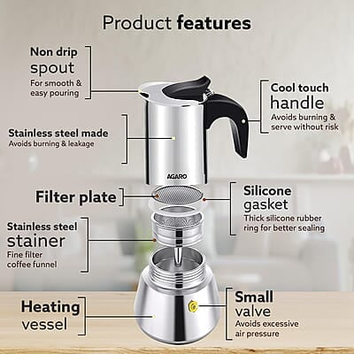 AGARO Royal Moka Pot, Stovetop & Induction Cooktop Classic Espresso & Coffee Maker, 200 Ml AGARO Royal Moka Pot, Stovetop & Induction Cooktop Classic Espresso & Coffee Maker, 200 Ml