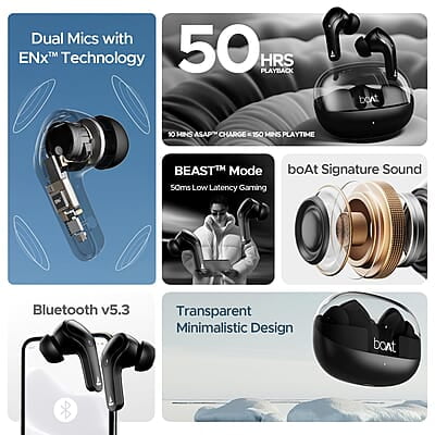 boAt Airdopes 311 Pro w/Up to 50 HRS Playtime, ASAP Charge(10min=150 Mins), Dual Mics w/ENx Tech, Transparent ID, 50 ms Low-Latency Beast Mode, IPX4 Truly Wireless in Ear Earbuds boAt Airdopes 311 Pro w/Up to 50 HRS Playtime, ASAP Charge(10min=150 Mins), Dual Mics w/ENx Tech, Transparent ID, 50 ms Low-Latency Beast Mode, IPX4 Truly Wireless in Ear Earbuds