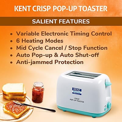 Kent 16105 Crisp Pop Up Toaster 750 Watts | 2 Slice Automatic Pop Up Electric Toaster | 6 Heating Modes | Auto Shut Off | Removable Bread Crumbs Tray | White