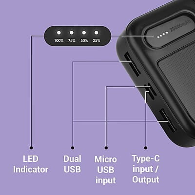 ZEBRONICS MB20000R2 Power Bank, 20000 mAh, 10W Output, Dual USB Output, Type C & Micro USB Input, Built in Protections, LED Indicator ZEBRONICS MB20000R2 Power Bank, 20000 mAh, 10W Output, Dual USB Output, Type C & Micro USB Input, Built in Protections, LED Indicator