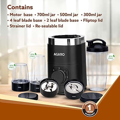 AGARO Galaxy 3 Jar Personal Blender, 400W, Serrated and Cross Blade with Detachable Base, Mixer/Grinder/Smoothie/Juice Maker, Black AGARO Galaxy 3 Jar Personal Blender, 400W, Serrated and Cross Blade with Detachable Base, Mixer/Grinder/Smoothie/Juice Maker, Black