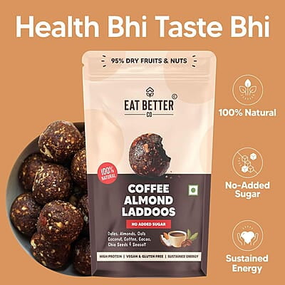 EAT BETTER CO - Coffee & Almond Sugar-Free Laddoos | Energy-Bar Replacement | 95% Dry-Fruits | High Protein & Instant Energy, Pack Of 20 - Healthy Chocolate No Added Sugar, 280 Gram EAT BETTER CO - Coffee & Almond Sugar-Free Laddoos | Energy-Bar Replacement | 95% Dry-Fruits | High Protein & Instant Energy, Pack Of 20 - Healthy Chocolate No Added Sugar, 280 Gram