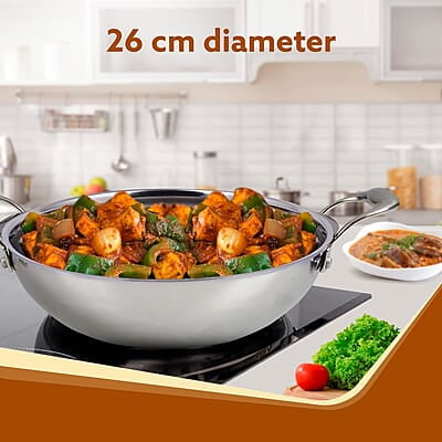 AGARO Regency Tri-Ply Steel Kadai, 2.75L Capacity, 26 cm Stainless Steel AGARO Regency Tri-Ply Steel Kadai, 2.75L Capacity, 26 cm Stainless Steel