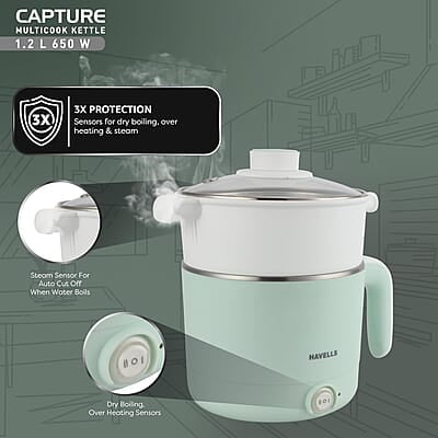 Havells Capture 1.2 Ltr Multi Cook Kettle with Steamer Basket SS Rust Resistant Body Havells Capture 1.2 Ltr Multi Cook Kettle with Steamer Basket SS Rust Resistant Body