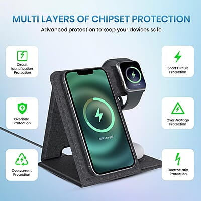 Portronics Freedom Fold 3 15W 3 in 1 Foldable MagSafe Compatible Wireless Charger for iPhone Apple Watches & AirPods