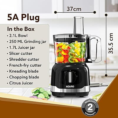 AGARO Grand Food Processor, Multi-functional Chopper, Grinder, Slicer, Shredder, Blender, 1000W, Mincing, Dicing, Shredding, Kneading, SS Blade, Black AGARO Grand Food Processor, Multi-functional Chopper, Grinder, Slicer, Shredder, Blender, 1000W, Mincing, Dicing, Shredding, Kneading, SS Blade, Black