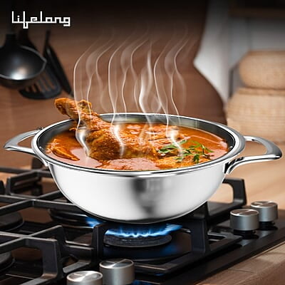 Lifelong LLTPDK004 Triply Deep Kadai with Riveted Handles with Stainless Steel Lid 2.1 litres Capacity 22 cm Lifelong LLTPDK004 Triply Deep Kadai with Riveted Handles with Stainless Steel Lid 2.1 litres Capacity 22 cm